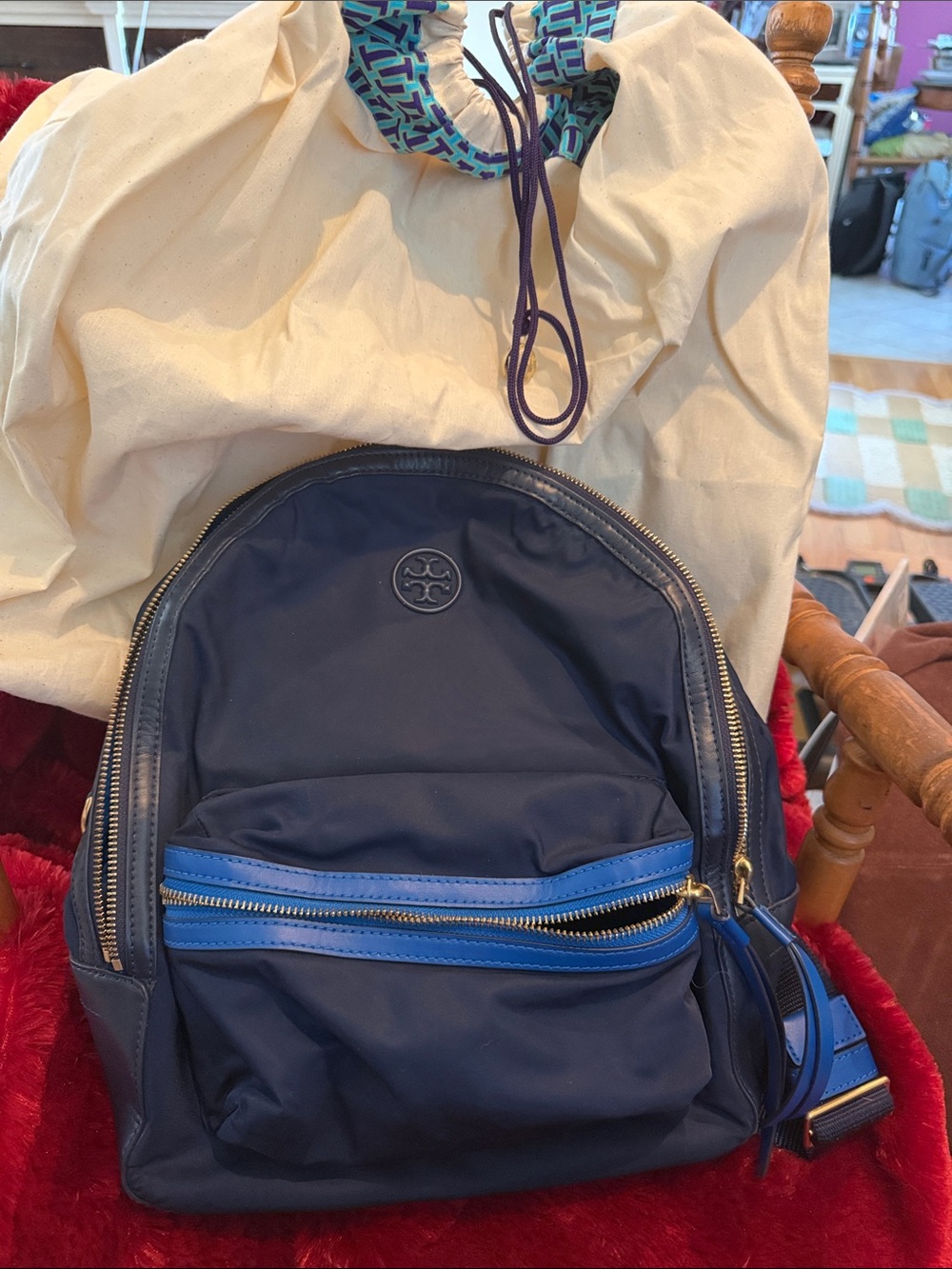 Tory Burch Navy Backpack with Bright Blue Trim
